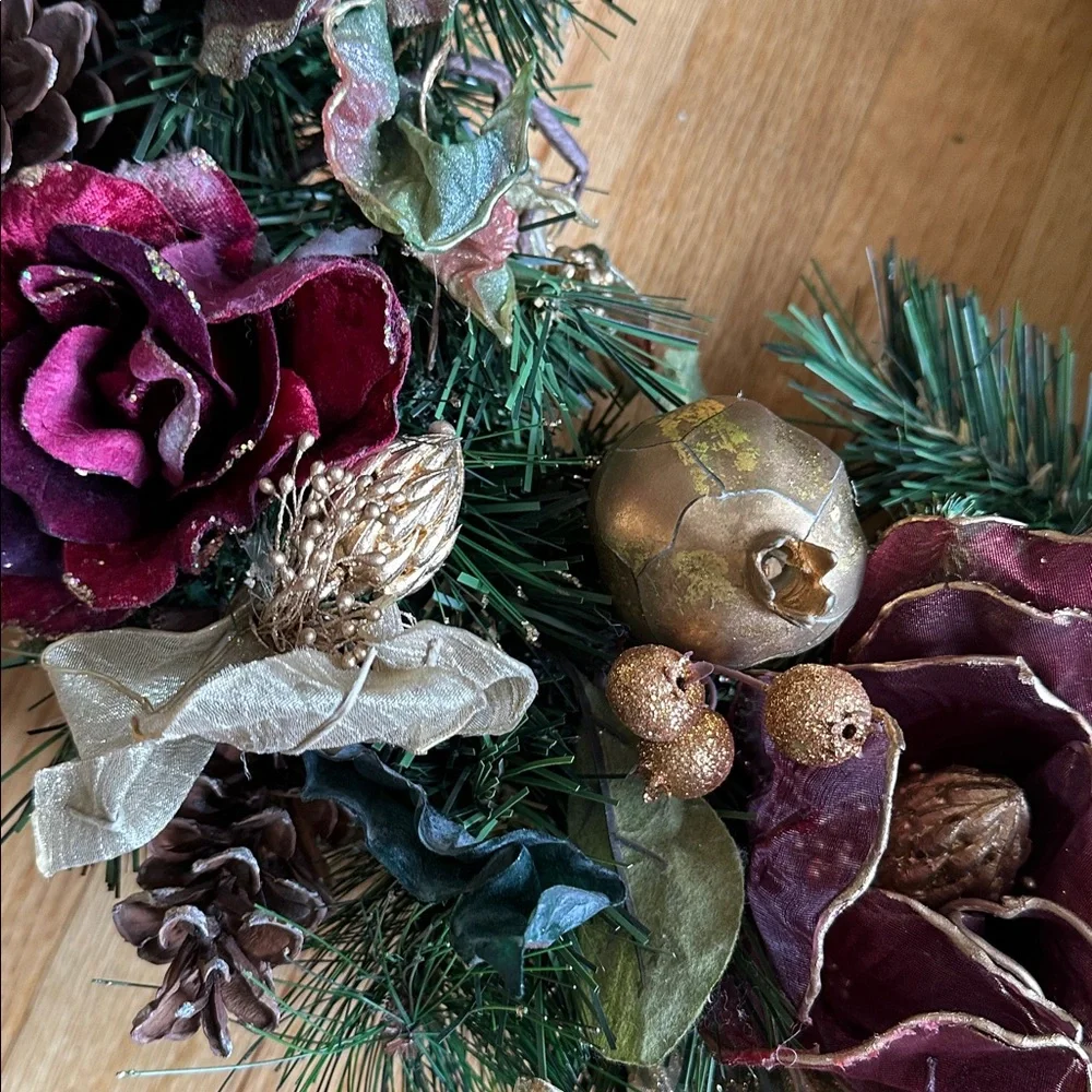 Handcrafted Gold and Wine Red Holiday Wreath